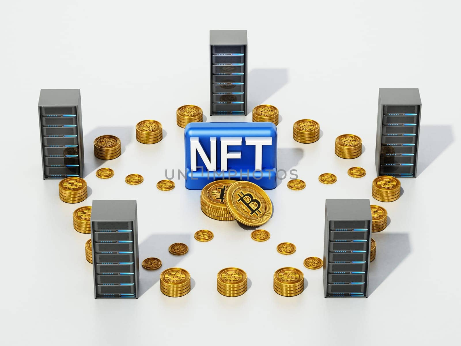 Crypto coins connecting data servers with NFT word at the center. 3D illustration.