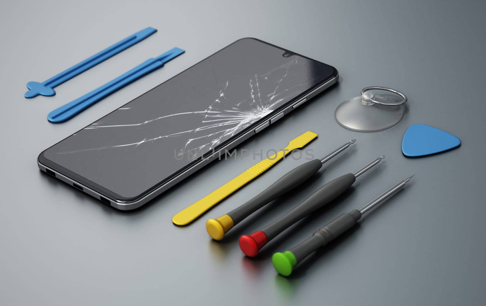 Repair tools and smartphones with broken screens isolated on gray background. 3D illustration.