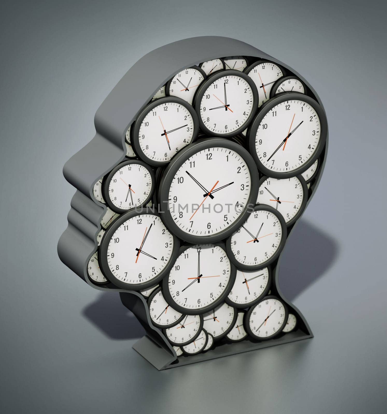 Group of clocks forming a head shape. 3D illustration.