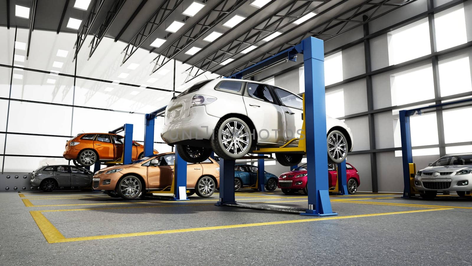 Automobile repair shop or car repair garage interior with cars on the lifts. 3D illustration.