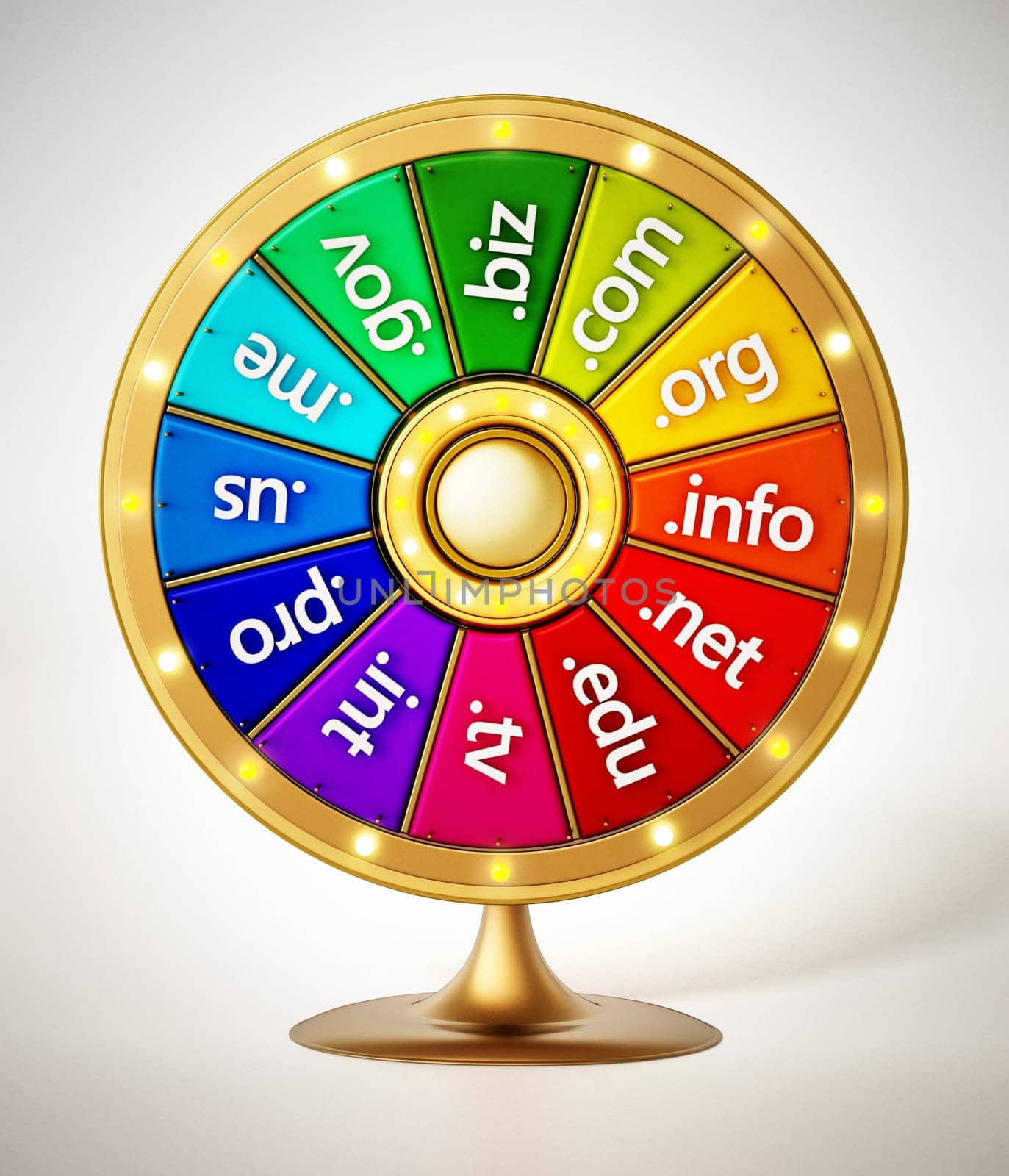 Domain name extensions on prize wheel. 3D illustration.