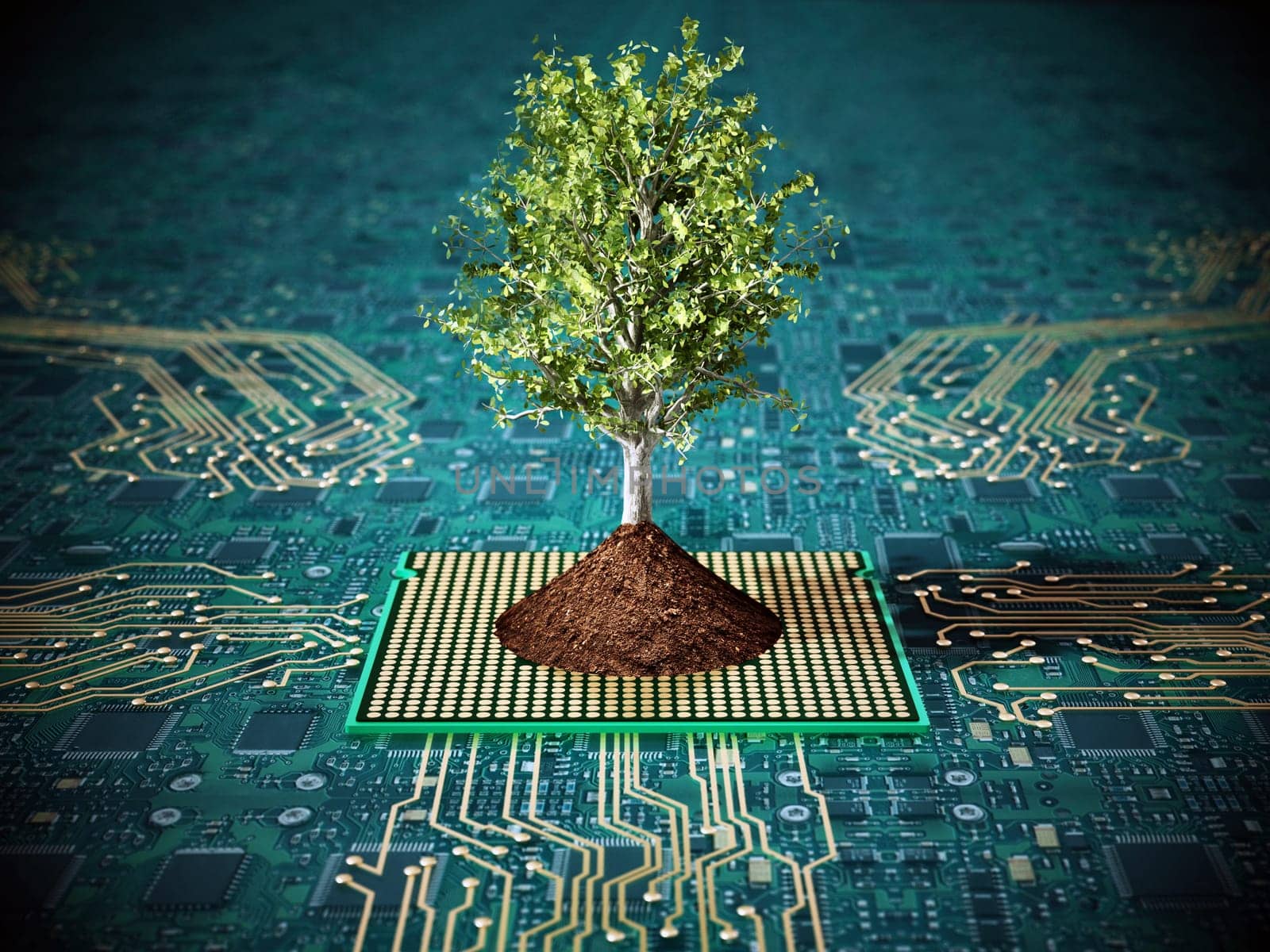 Tree with green leaves with soil standing on PCB. 3D illustration.