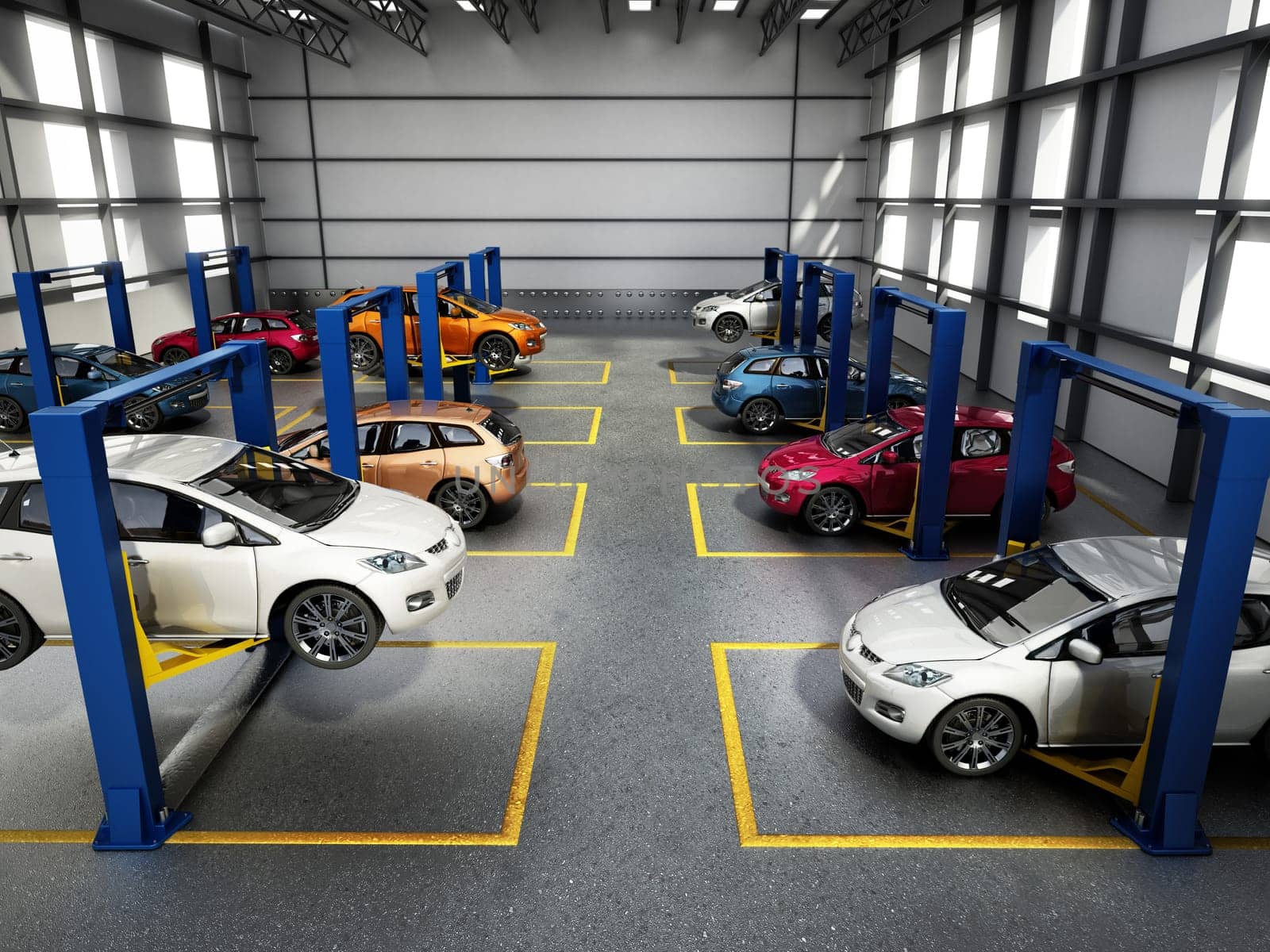 Automobile repair shop or car repair garage interior with cars on the lifts. 3D illustration.