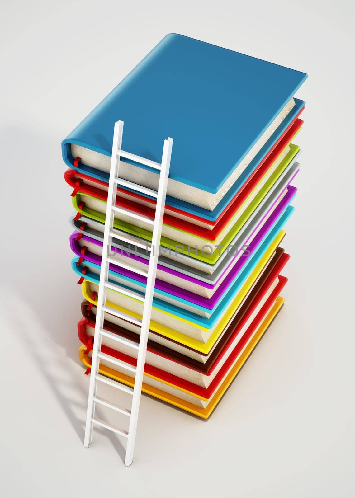 Ladder and heap of colorful books. 3D illustration.