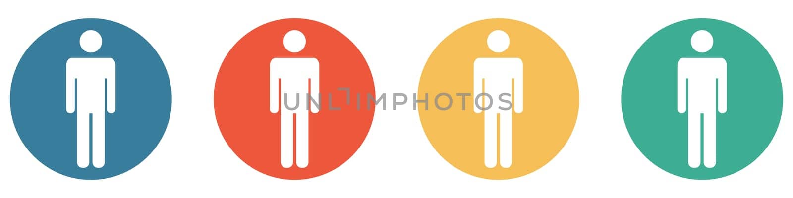 4 colorful Buttons blue, red, orange and green showing: Man