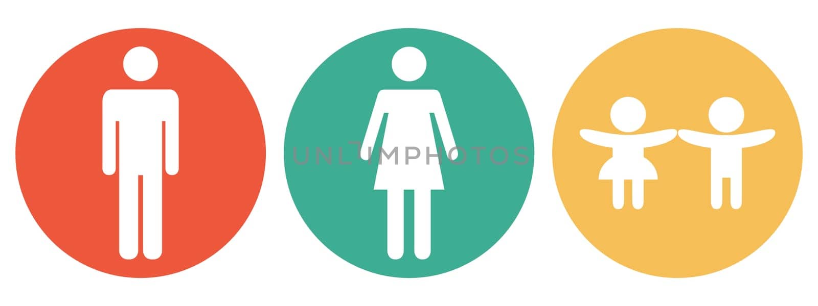 4 colorful Buttons blue, red, orange and green showing: Family with 2 kids