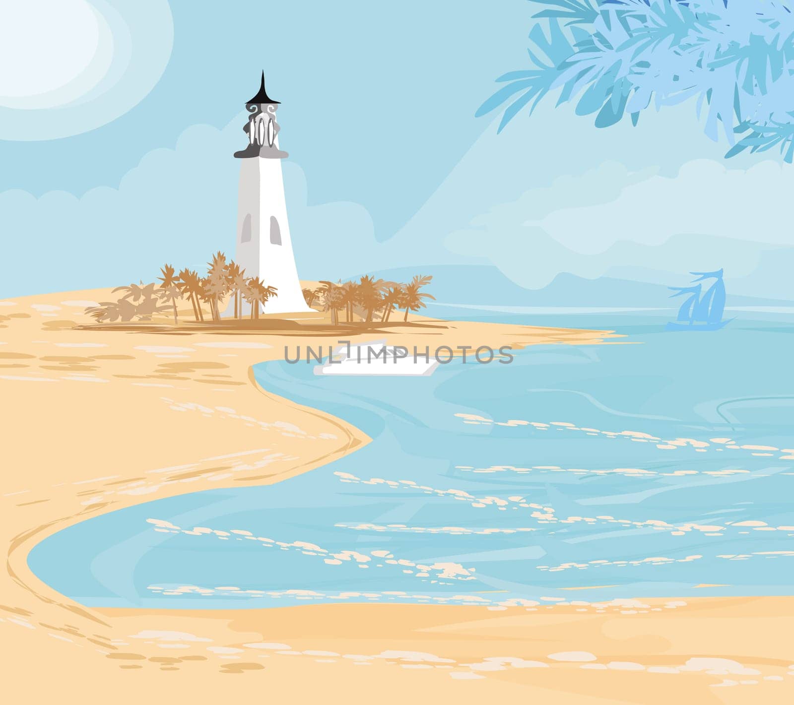 lighthouse seen from a tiny beach