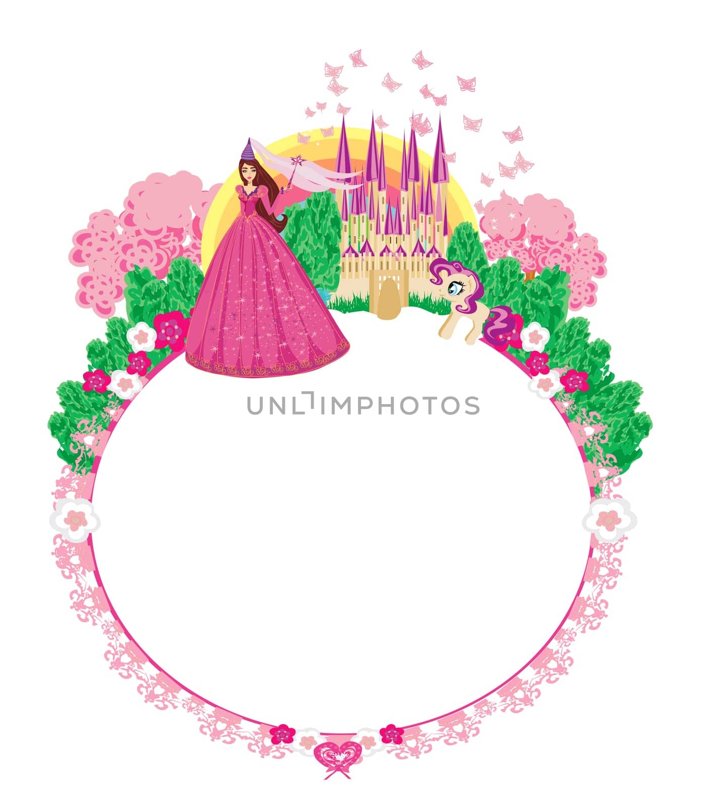 Fairytale frame with castle and unicorns