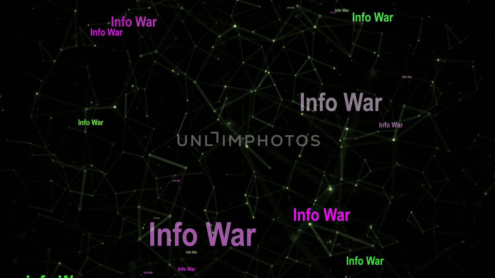 Info war and fake news text against network background