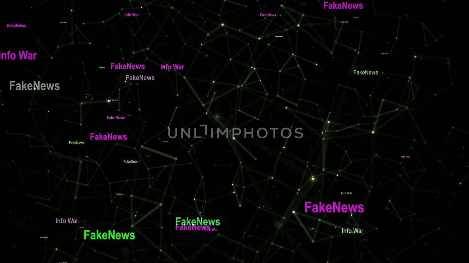 Info war and fake news text against network background