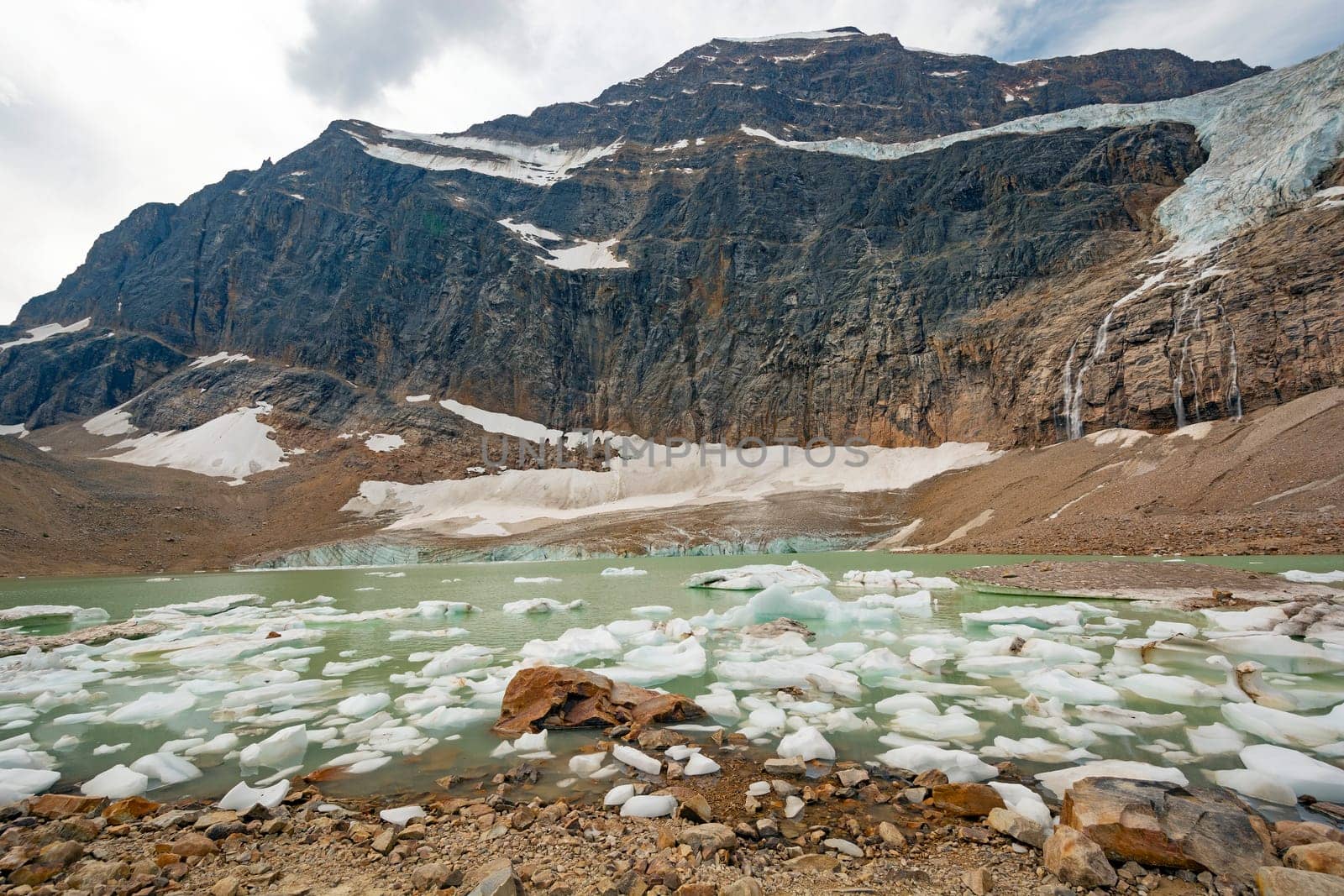 Glacial Remnants in the High Mountains at Mount Edith Cavell in Jasper National Park in Canada