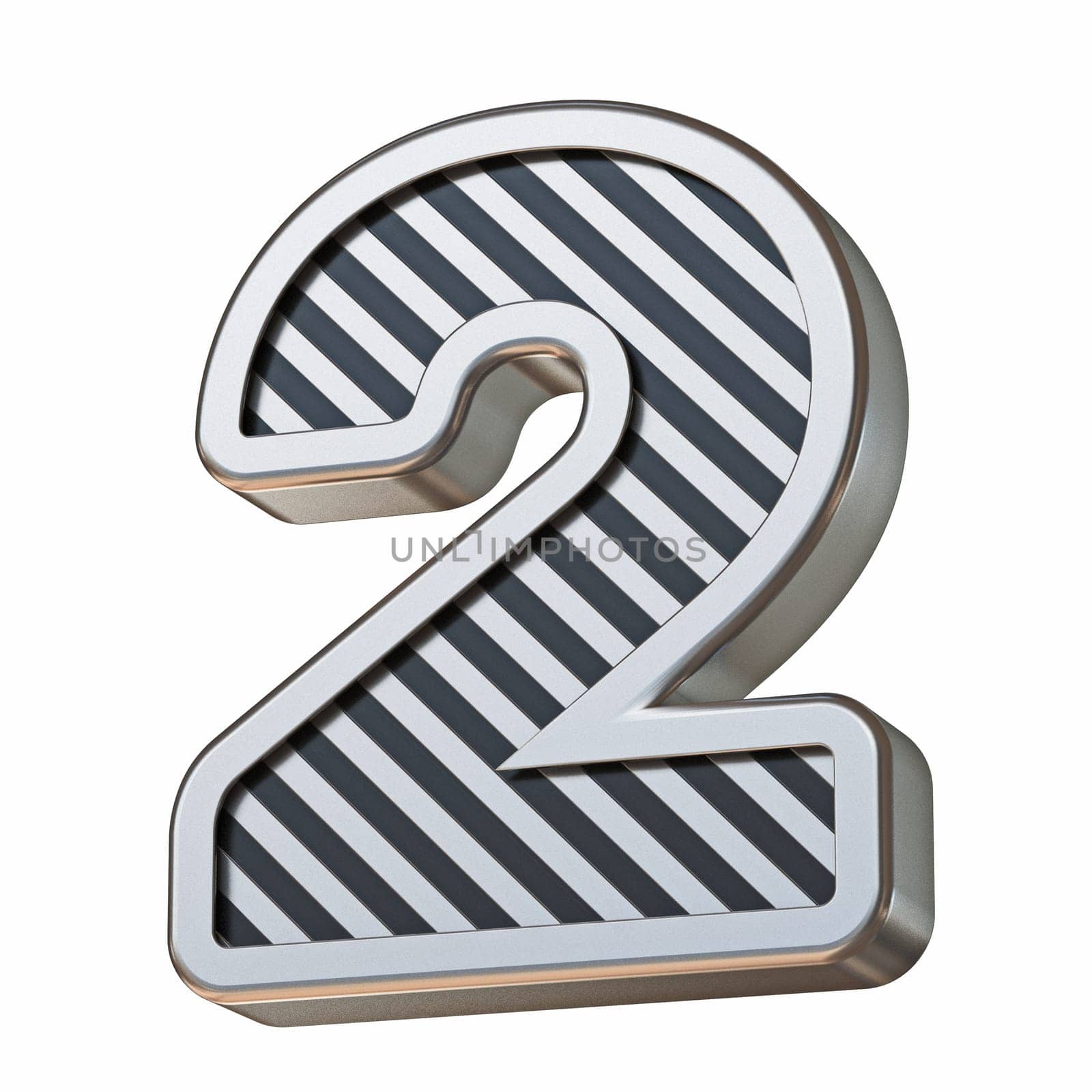 Stainless steel and black stripes font Number 2 TWO 3D rendering illustration isolated on white background