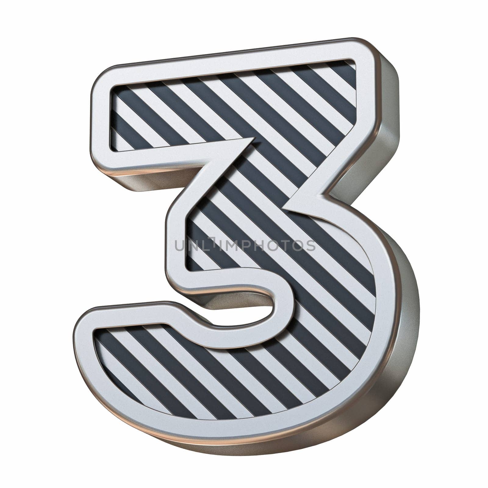 Stainless steel and black stripes font Number 3 THREE 3D rendering illustration isolated on white background