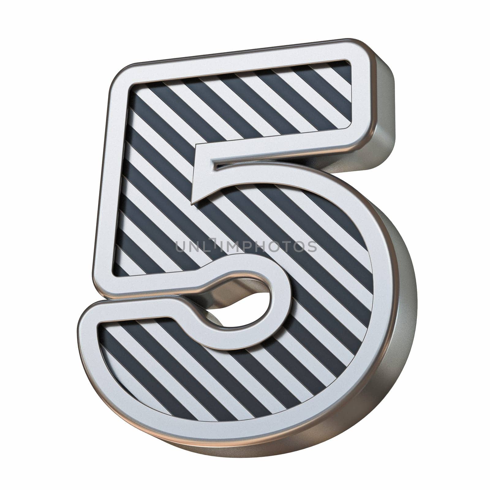 Stainless steel and black stripes font Number 5 FIVE 3D rendering illustration isolated on white background