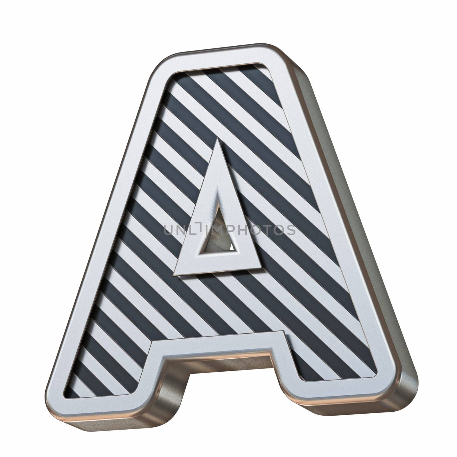 Stainless steel and black stripes font Letter A 3D rendering illustration isolated on white background
