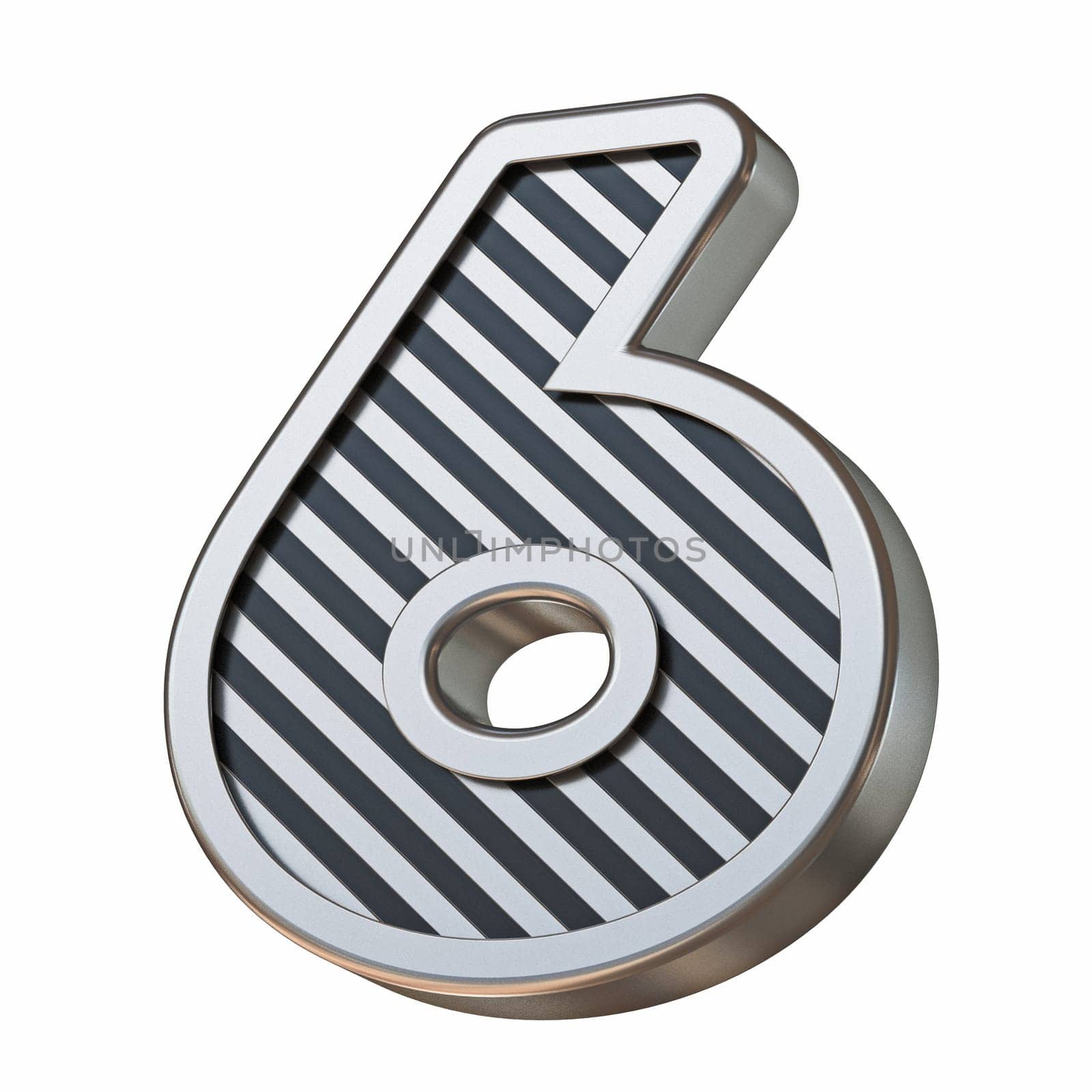 Stainless steel and black stripes font Number 6 SIX 3D rendering illustration isolated on white background