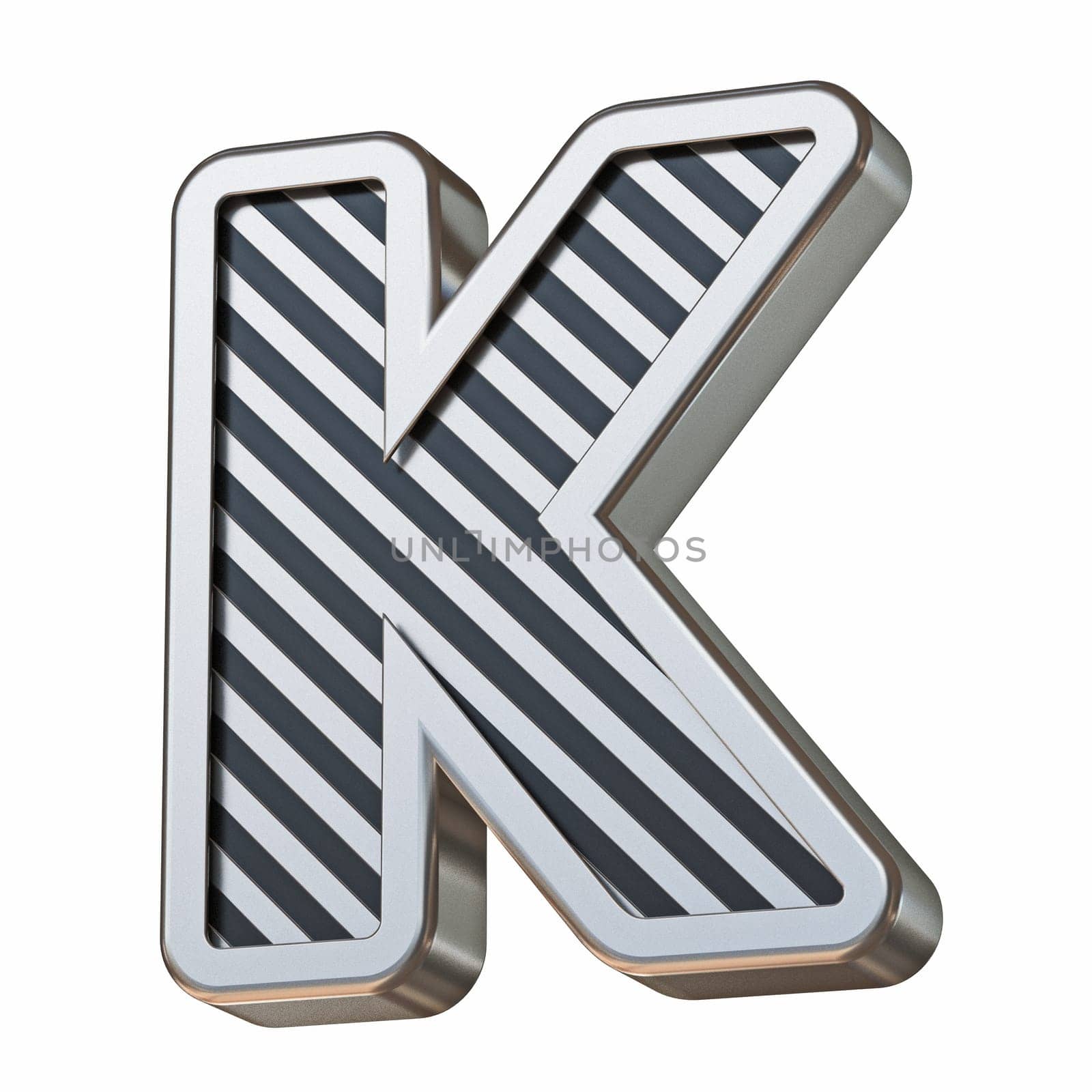 Stainless steel and black stripes font Letter K 3D rendering illustration isolated on white background