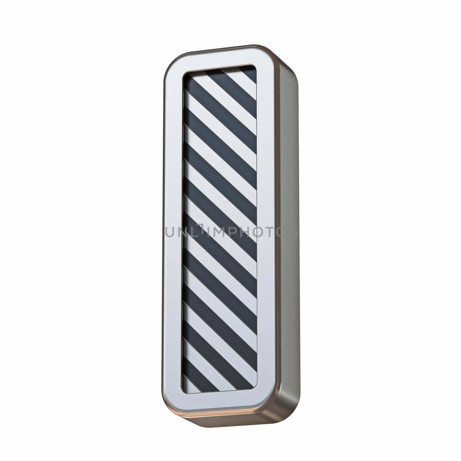 Stainless steel and black stripes font Letter I 3D rendering illustration isolated on white background