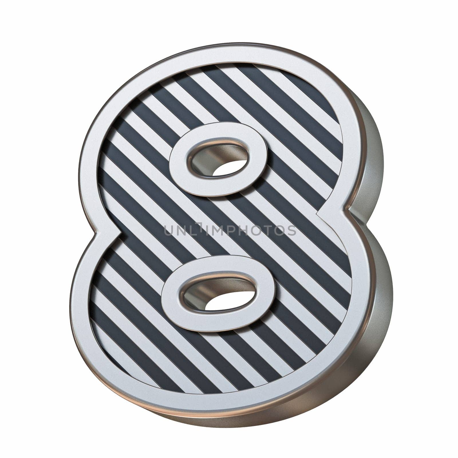 Stainless steel and black stripes font Number 8 EIGHT 3D rendering illustration isolated on white background