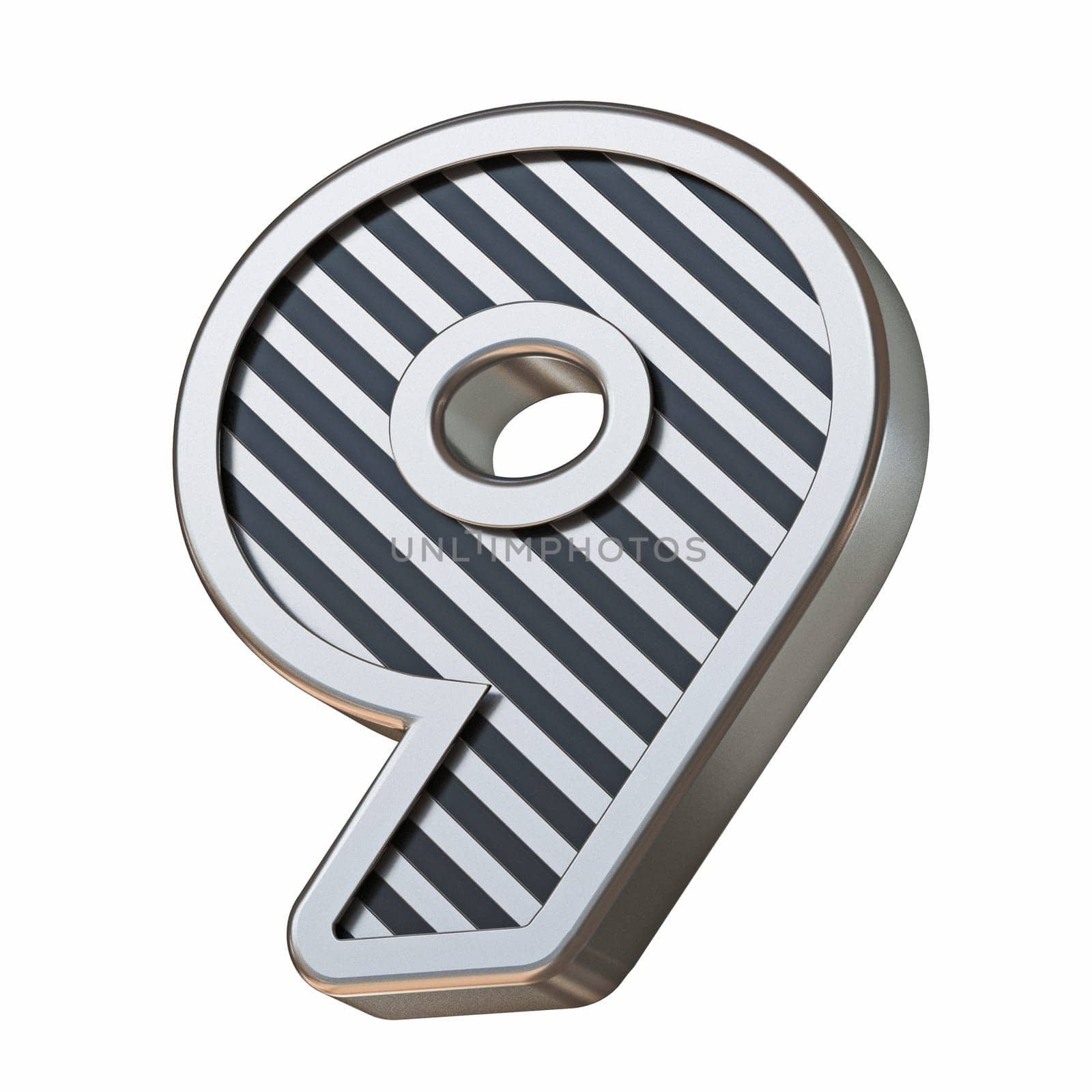 Stainless steel and black stripes font Number 9 NINE 3D rendering illustration isolated on white background