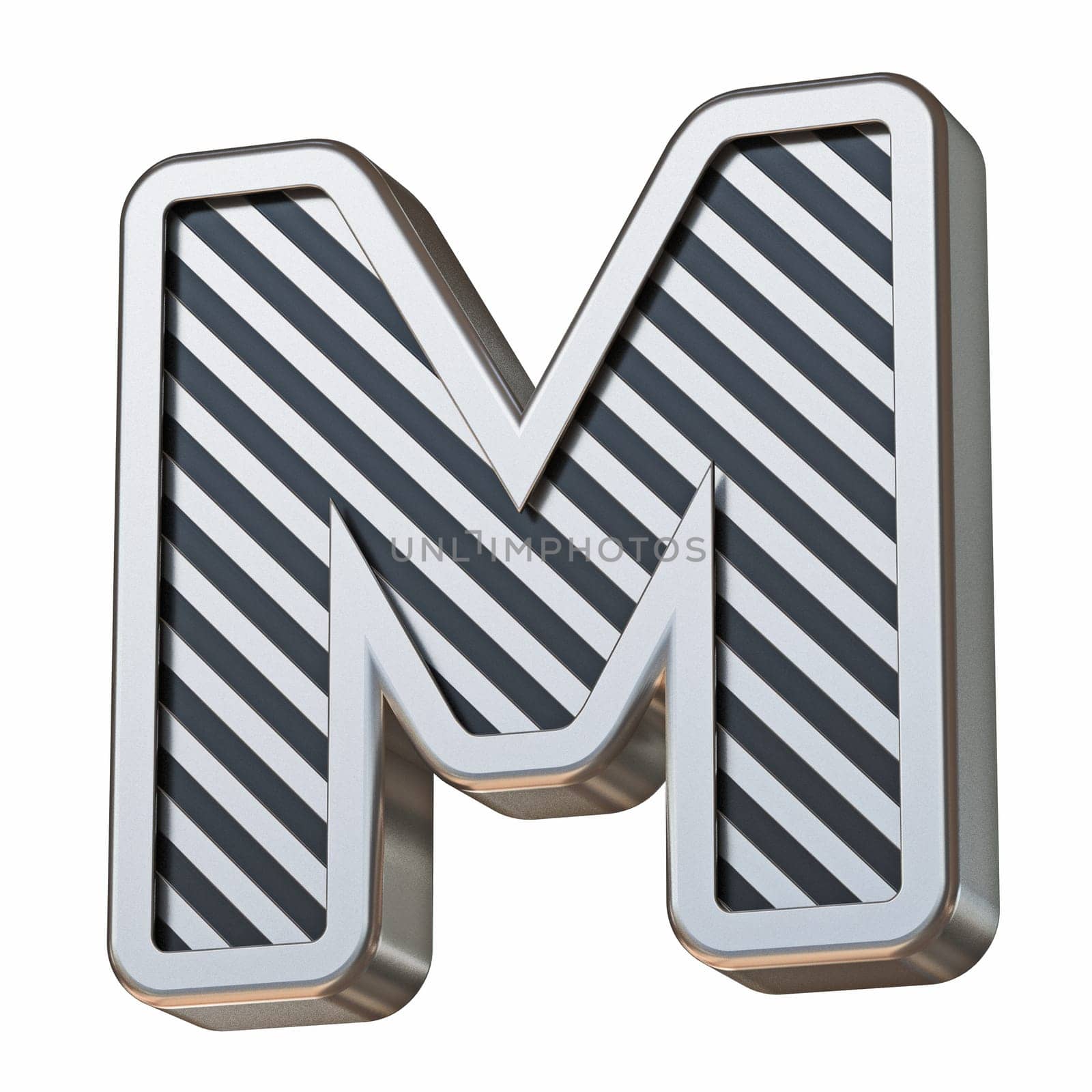 Stainless steel and black stripes font Letter M 3D rendering illustration isolated on white background