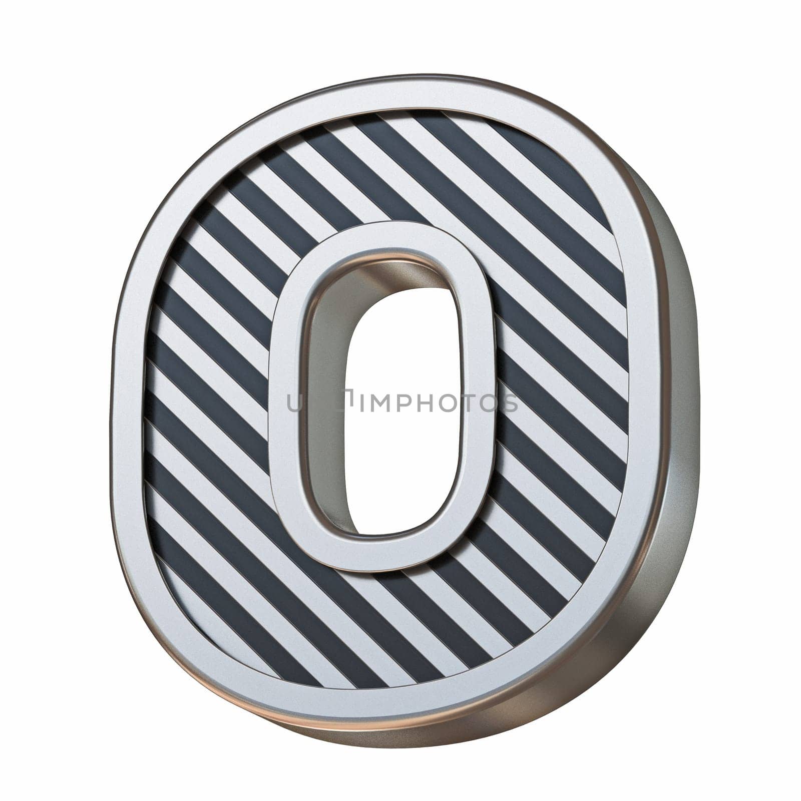 Stainless steel and black stripes font Letter O 3D rendering illustration isolated on white background