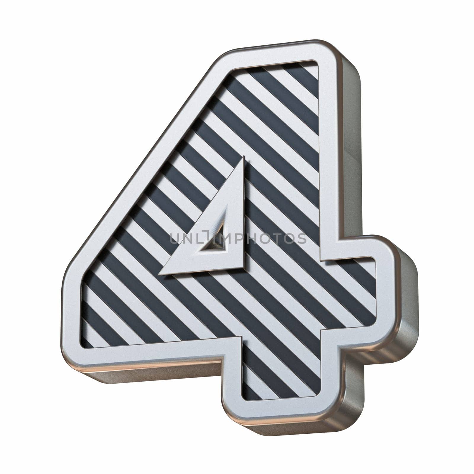 Stainless steel and black stripes font Number 4 FOUR 3D rendering illustration isolated on white background