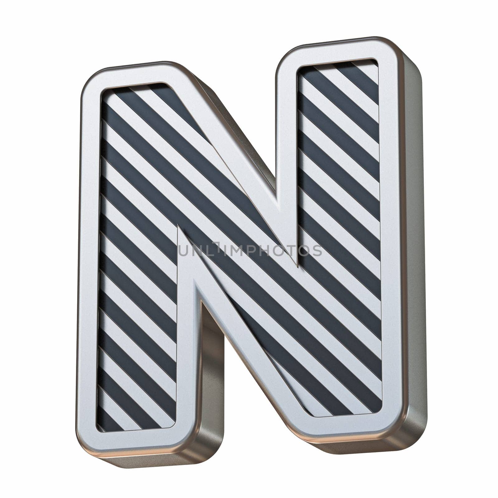 Stainless steel and black stripes font Letter N 3D rendering illustration isolated on white background