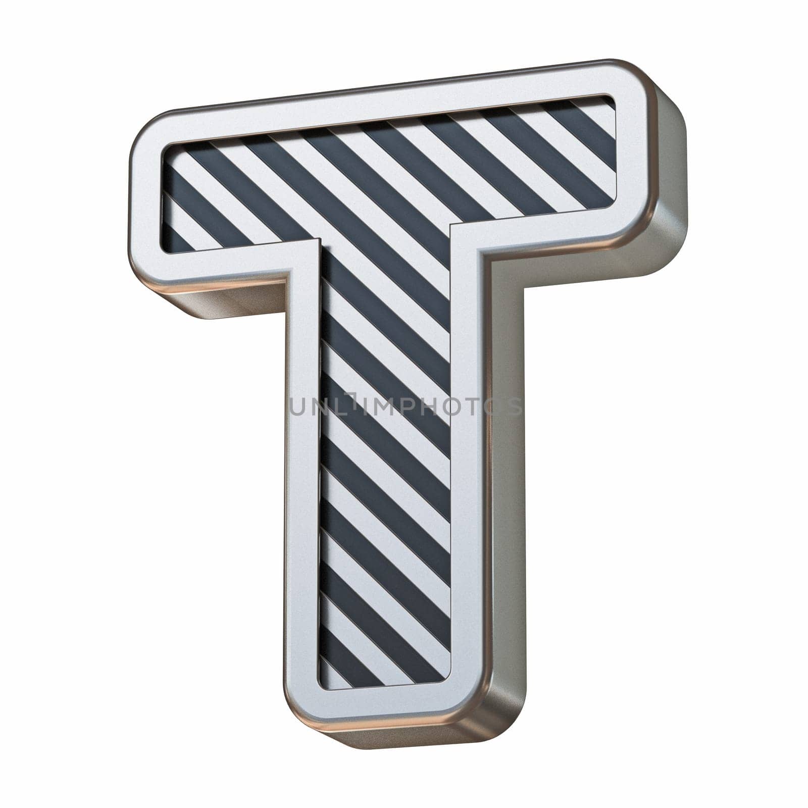 Stainless steel and black stripes font Letter T 3D rendering illustration isolated on white background