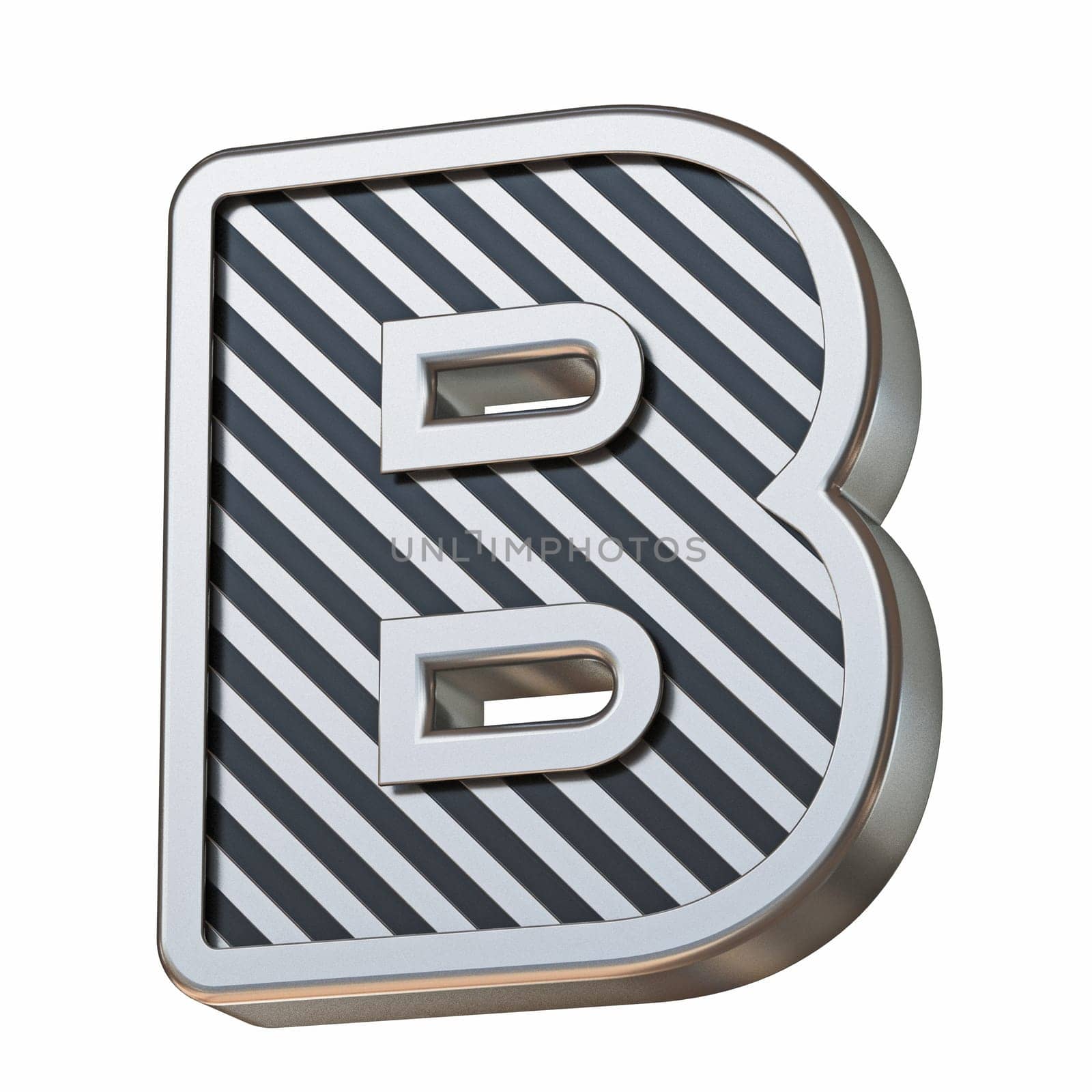 Stainless steel and black stripes font Letter B 3D rendering illustration isolated on white background