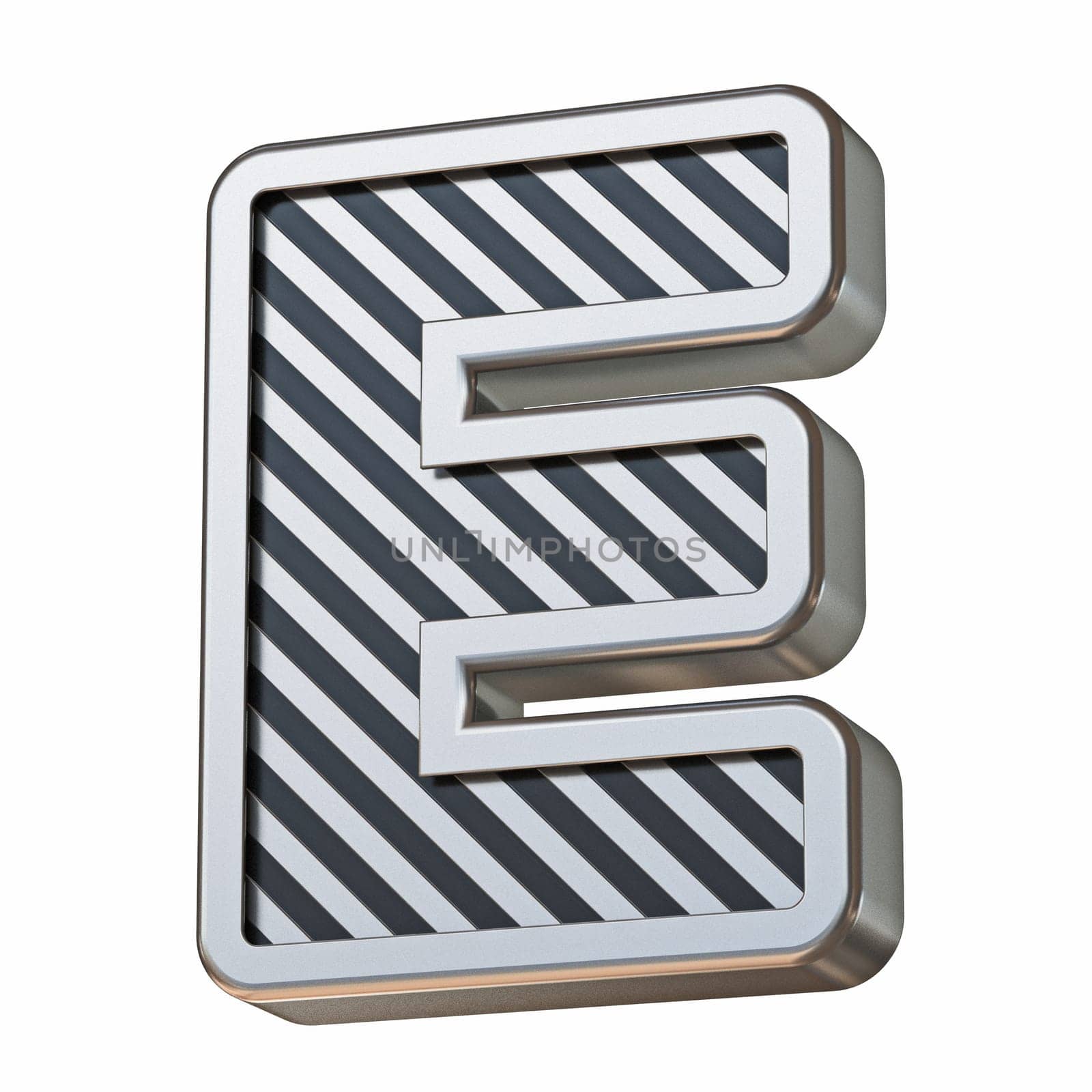 Stainless steel and black stripes font Letter E 3D rendering illustration isolated on white background