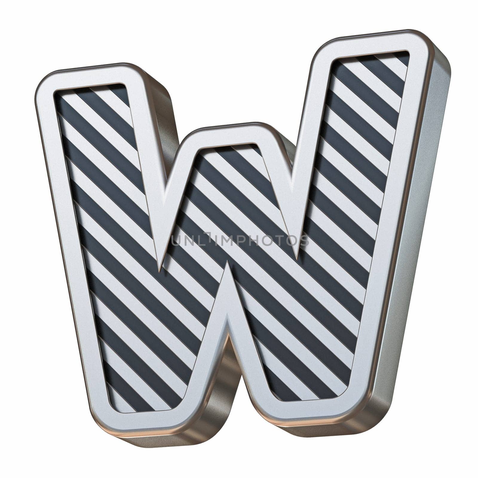 Stainless steel and black stripes font Letter W 3D rendering illustration isolated on white background