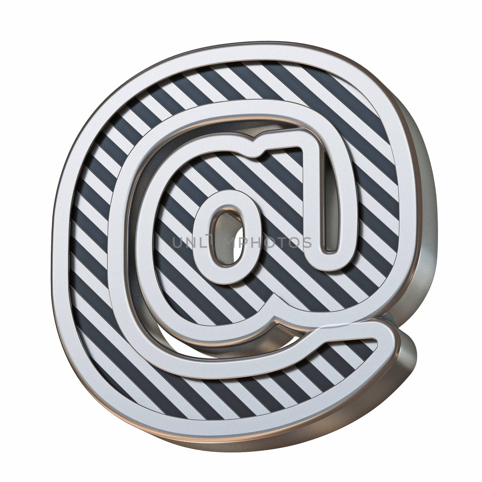 Stainless steel and black stripes font At sign 3D rendering illustration isolated on white background