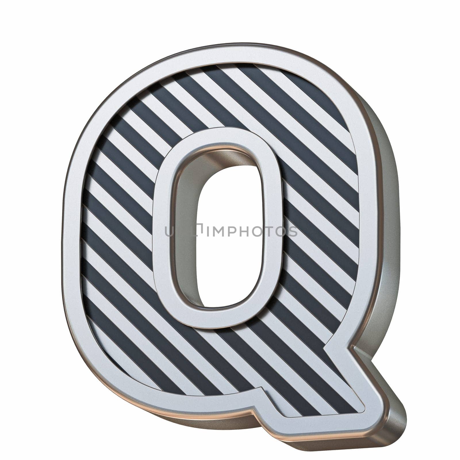 Stainless steel and black stripes font Letter Q 3D rendering illustration isolated on white background