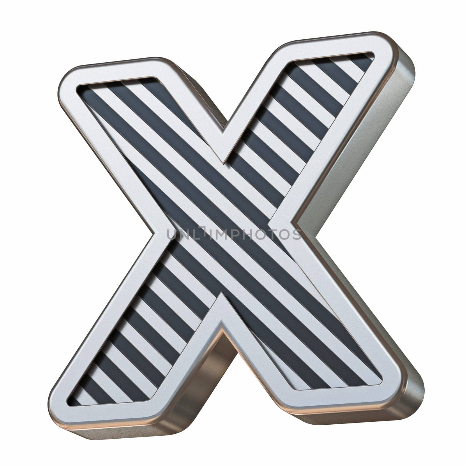 Stainless steel and black stripes font Letter X 3D rendering illustration isolated on white background