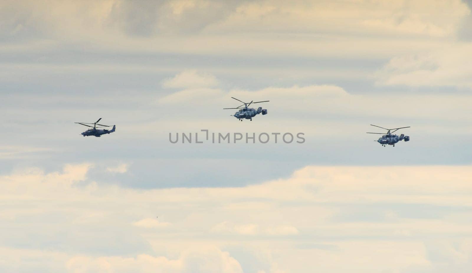 group of attack helicopters KA 31and KA 52 of the Russian Navy in the in flight