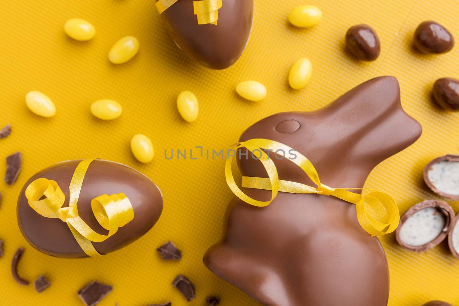 Delicious Easter holiday chocolate bunny, eggs and sweets
