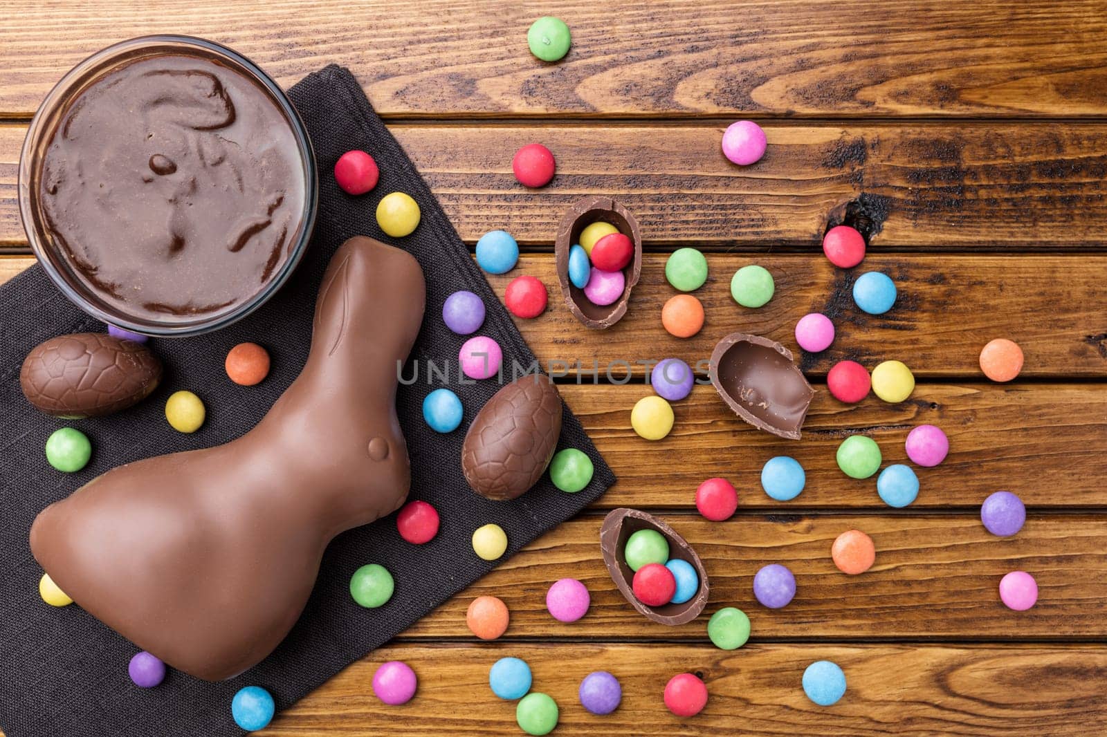 Delicious Easter holiday chocolate bunny, eggs and sweets