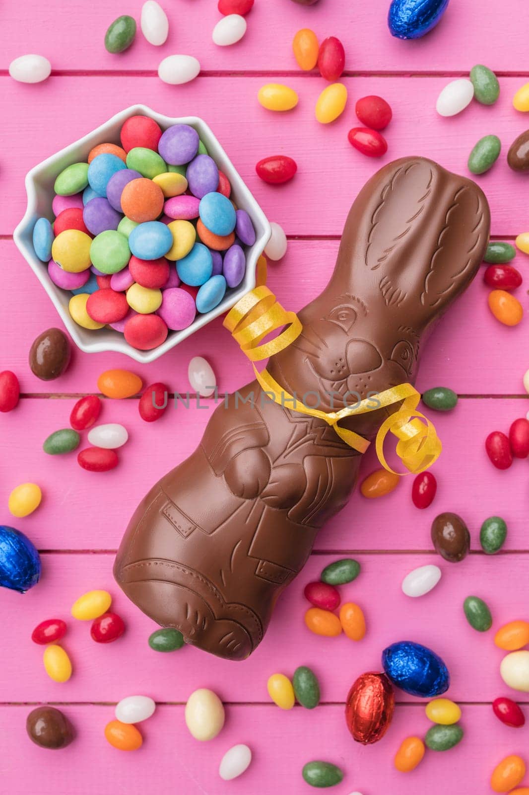 Delicious Easter holiday chocolate bunny, eggs and sweets