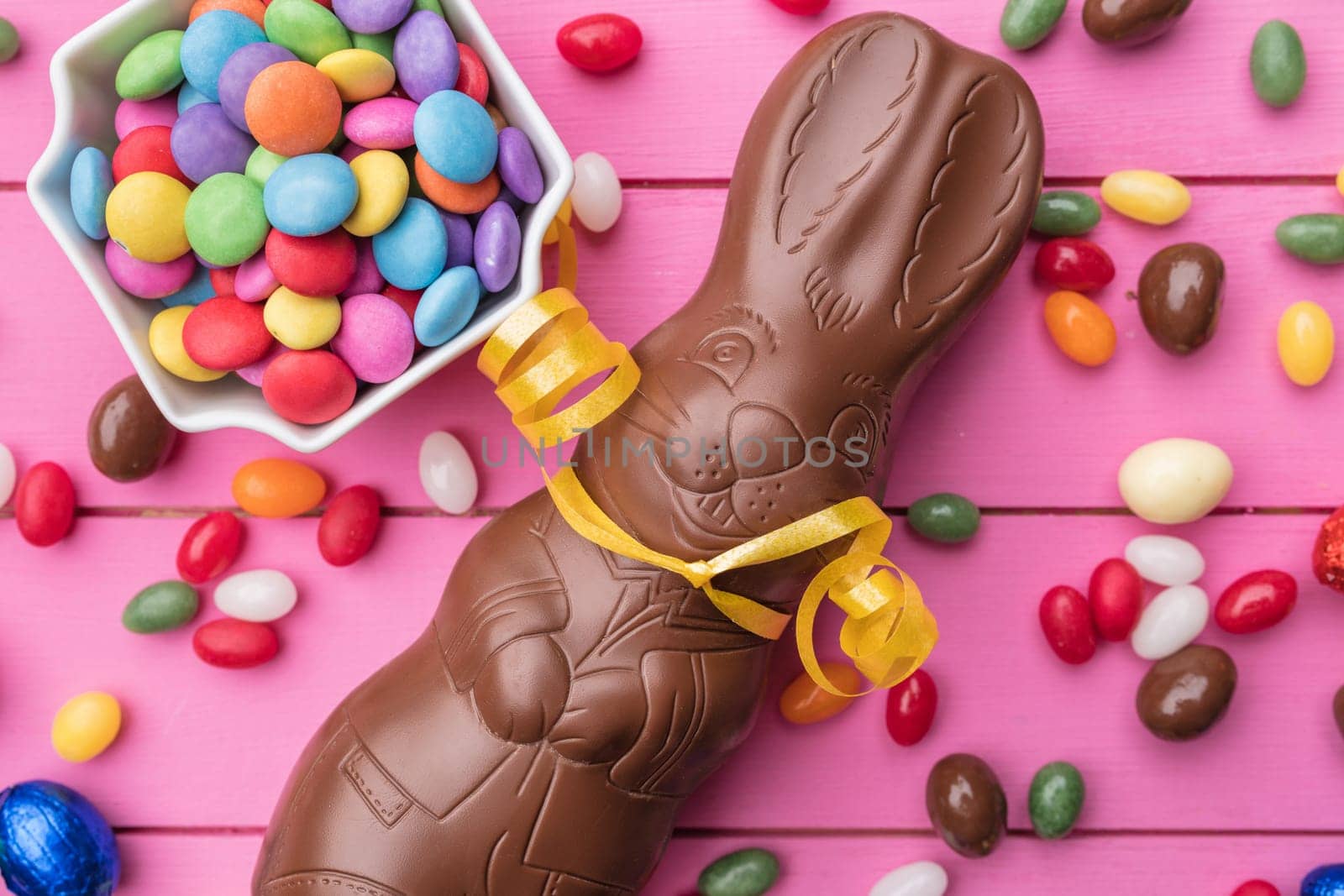 Delicious Easter holiday chocolate bunny, eggs and sweets