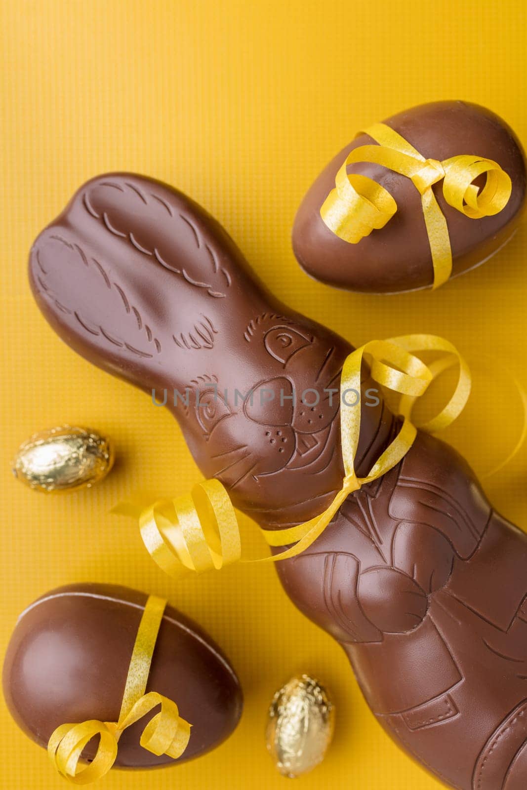 Delicious Easter holiday chocolate bunny, eggs and sweets