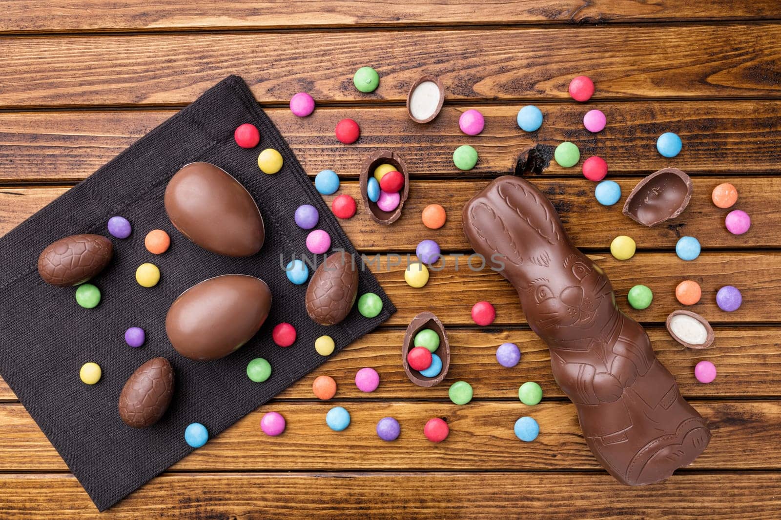 Delicious Easter holiday chocolate bunny, eggs and sweets