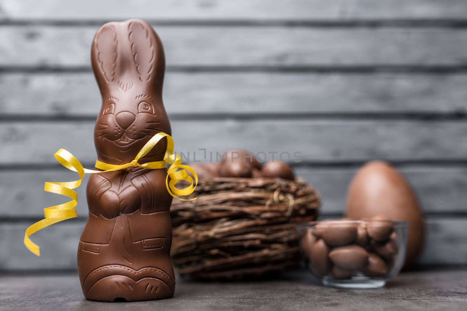 Delicious Easter holiday chocolate bunny, eggs and sweets