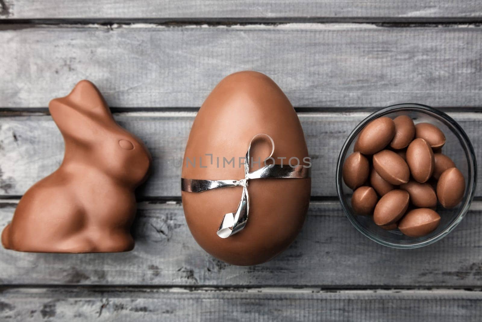 Delicious Easter holiday chocolate bunny, eggs and sweets