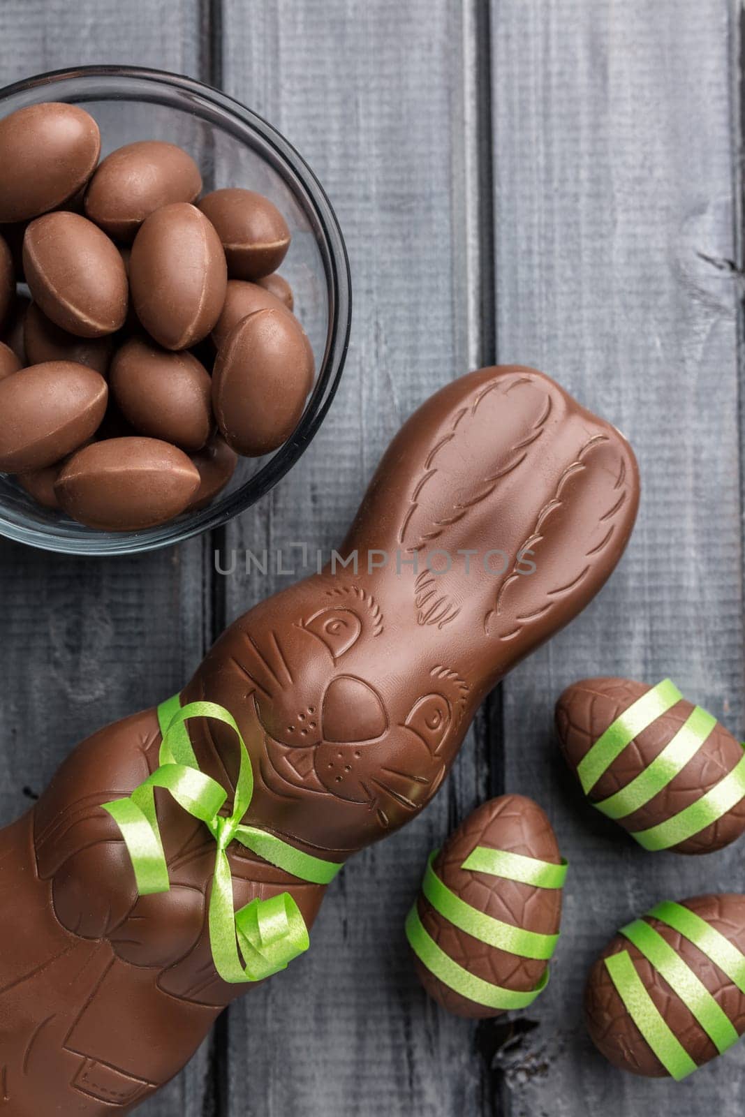 Delicious Easter holiday chocolate bunny, eggs and sweets