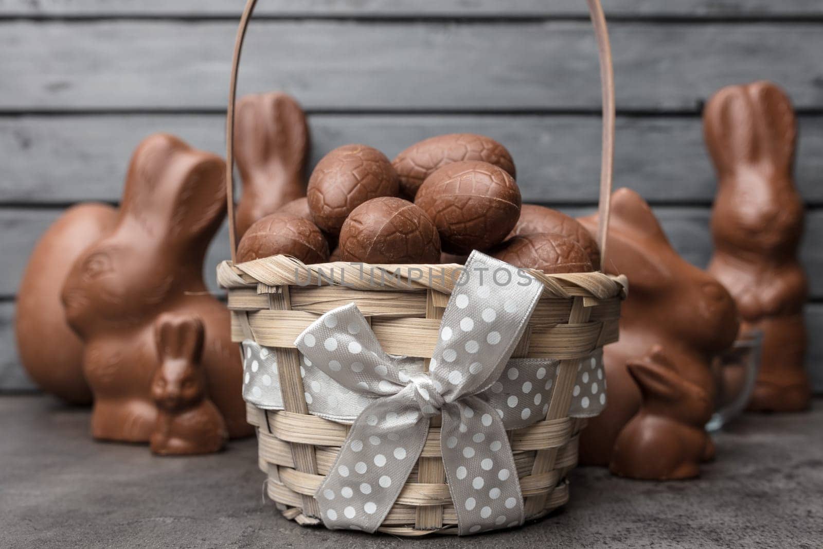 Delicious Easter holiday chocolate bunny, eggs and sweets