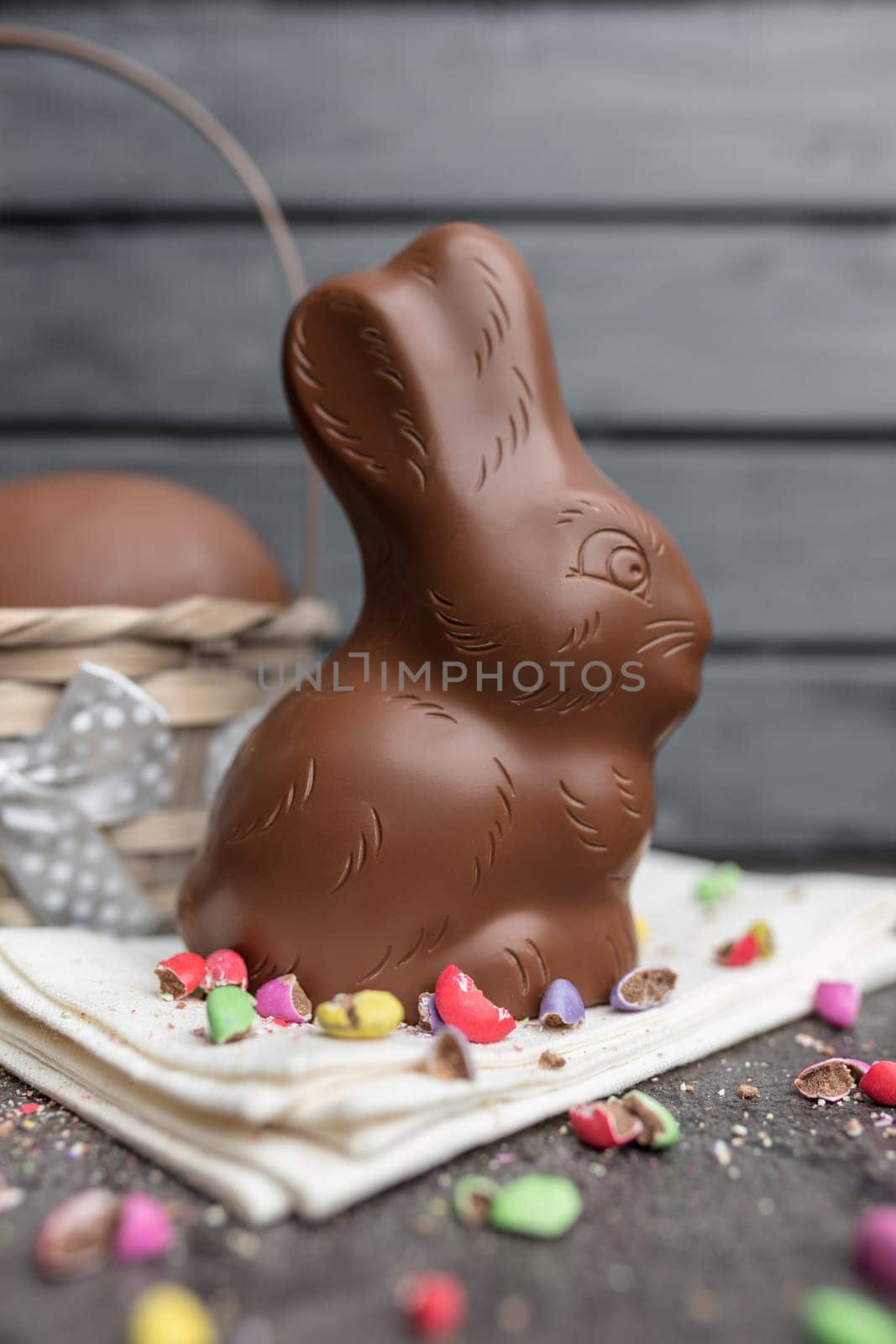 Delicious Easter holiday chocolate bunny, eggs and sweets