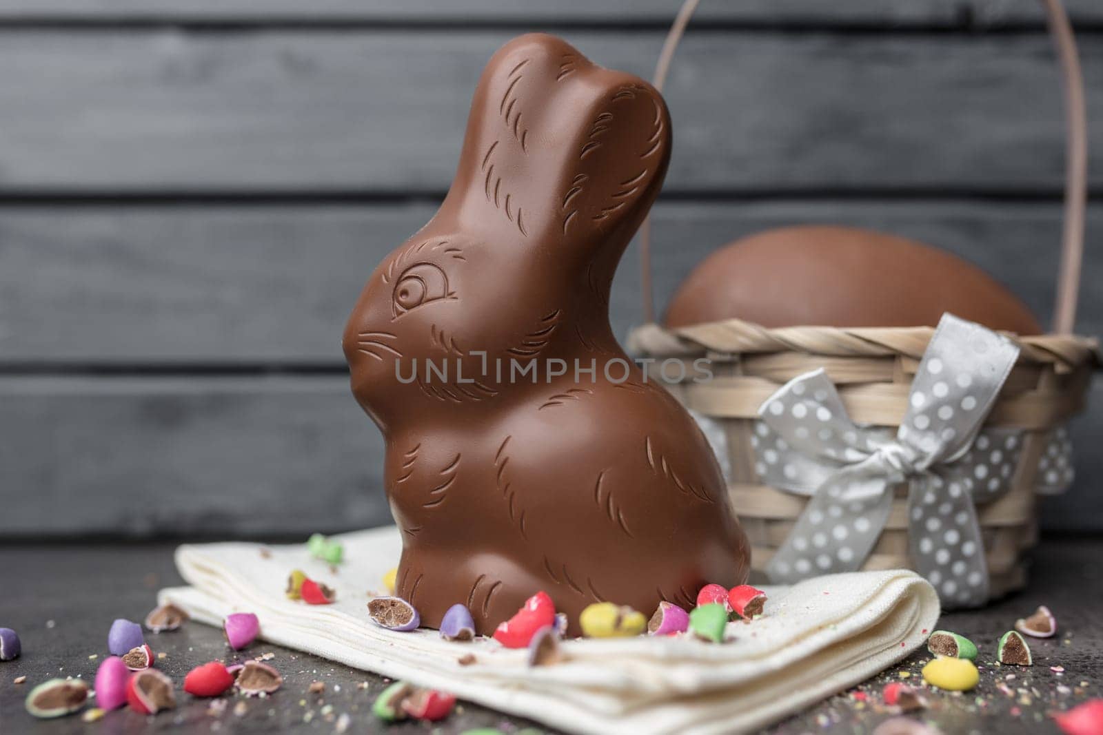 Delicious Easter holiday chocolate bunny, eggs and sweets