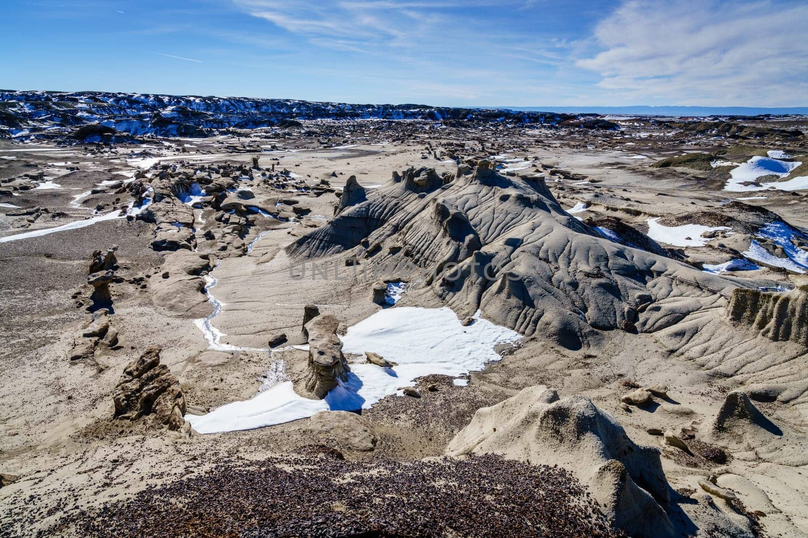 Scenic view of Bisti De-Na-Zin Wilderness area in New Mexico in winter