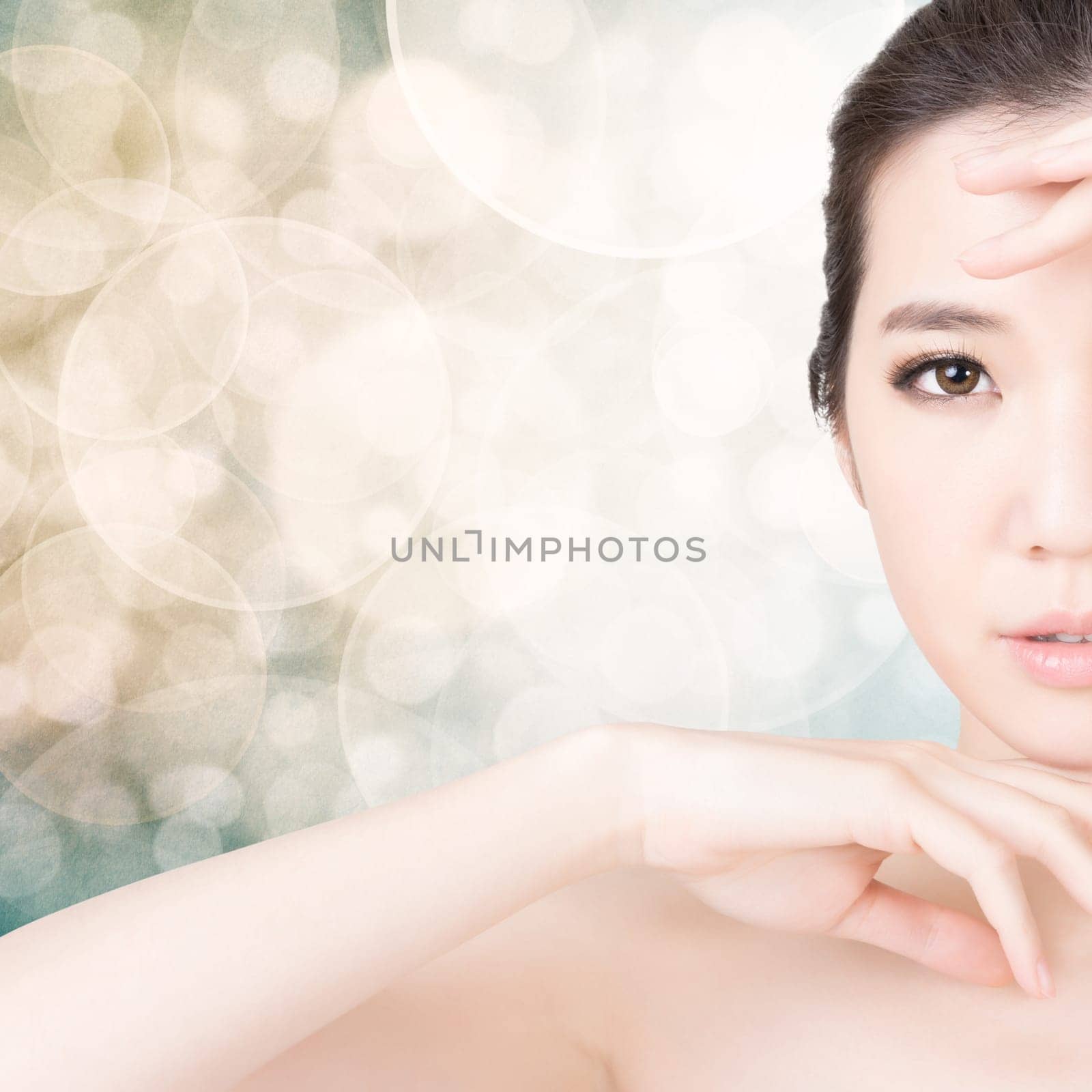 Asian beauty face closeup portrait with clean and fresh elegant lady. Studio shot.